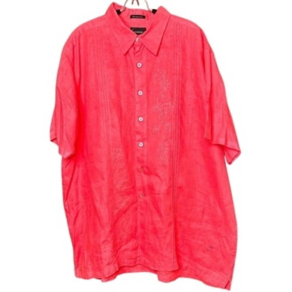 Luau 2XL Mens Coral Pink Linen Embroidered Short Sleeve Button Down Shirt Casual